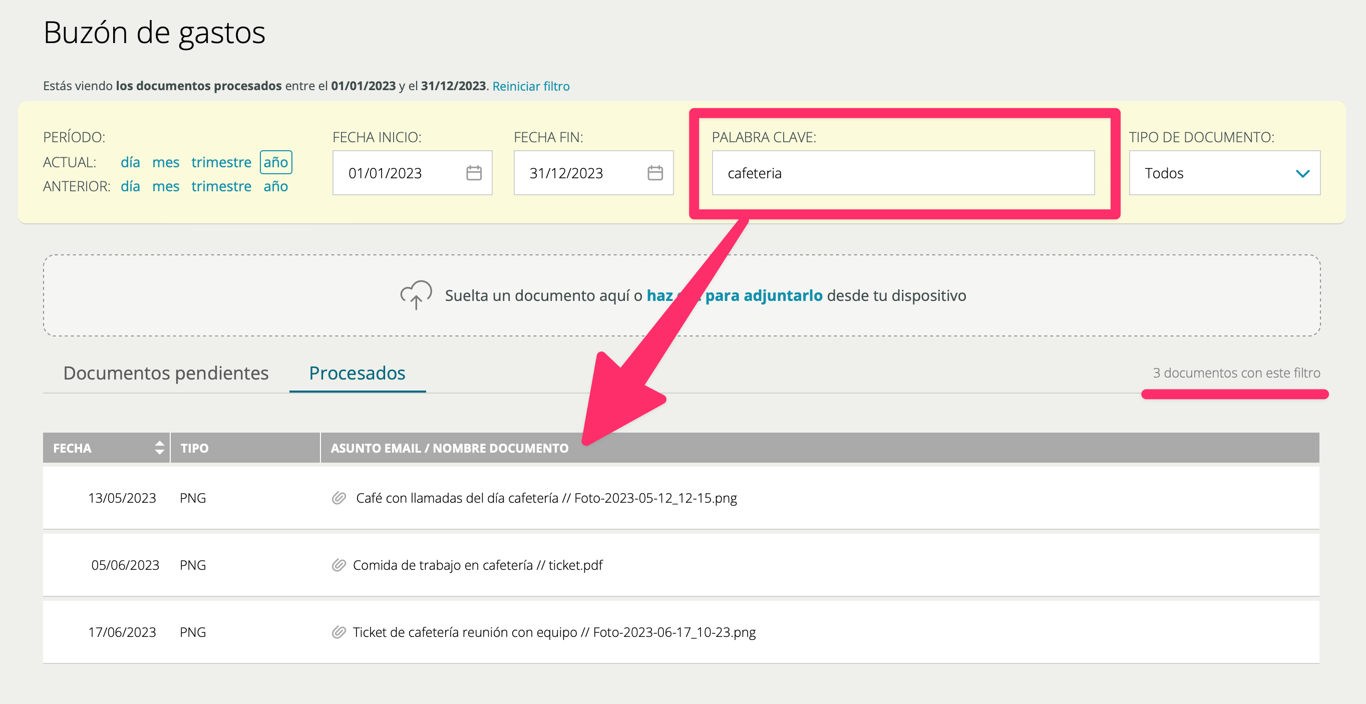 Captura de pantalla del buzón de gastos en Cuéntica mostrando cómo utilizar el buscador por palabra clave para encontrar rápidamente los documentos que te has reenviado o que has subido al buzón.